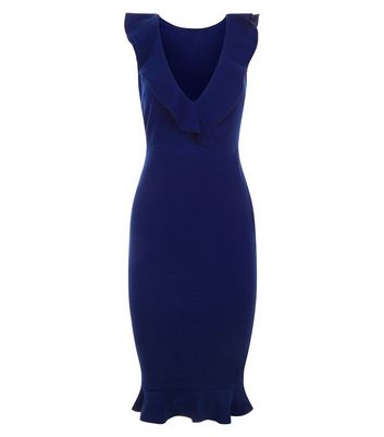 Image of AX Paris Navy V-Neck Frill Front Midi Dress New Look