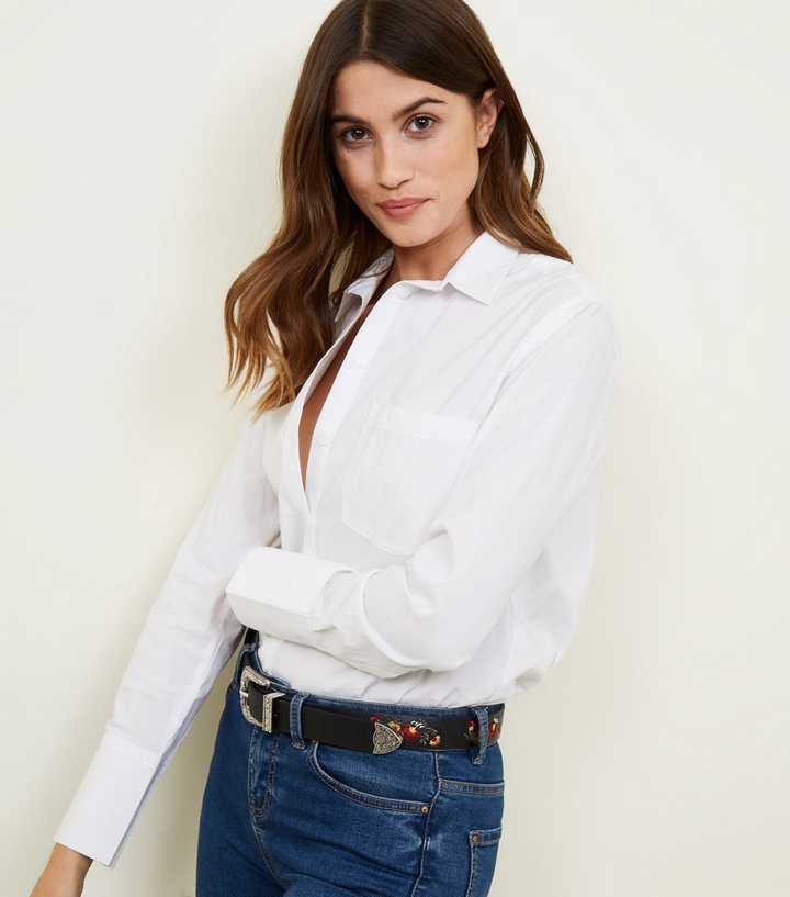 Black Floral Embroidered Western Jeans Belt