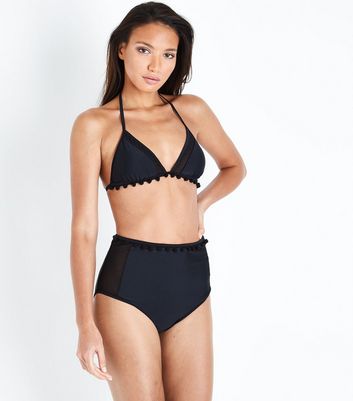 Black high waisted store pom pom bikini