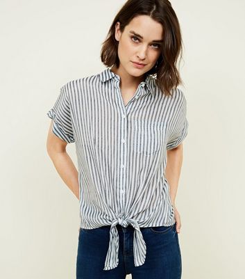 Blue Stripe Tie Front Rolled Sleeve Shirt | New Look