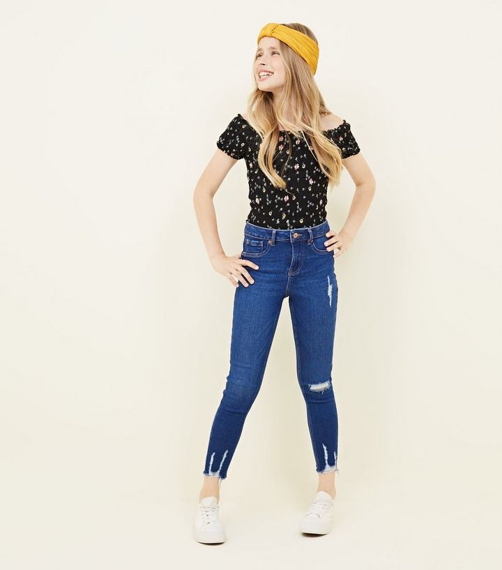 Girls Bright Blue Ripped High Rise Super Skinny Jeans New Look