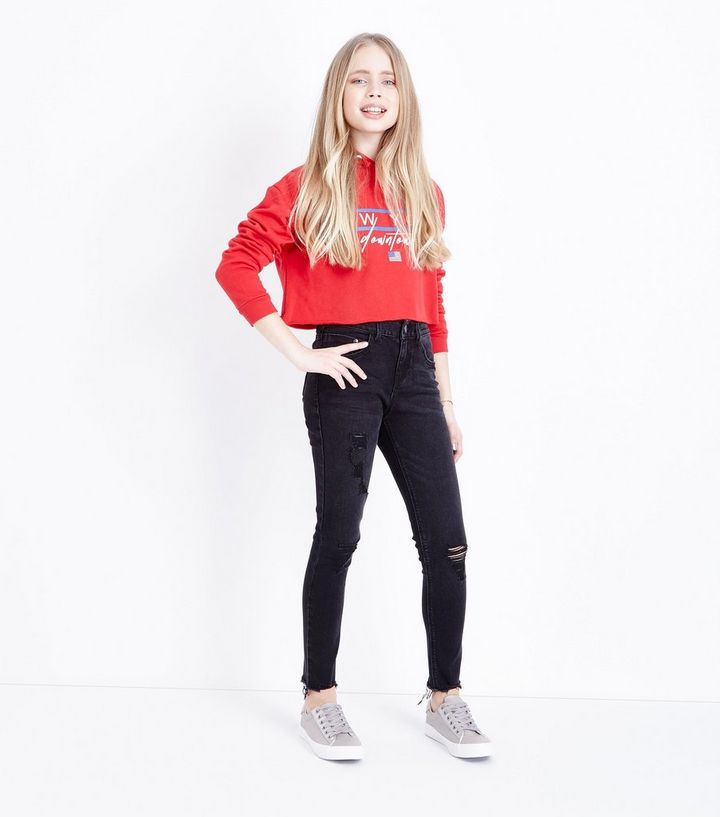 Girls Schwarze Skinny Jeans Mit Zerrissenen Knien New Look