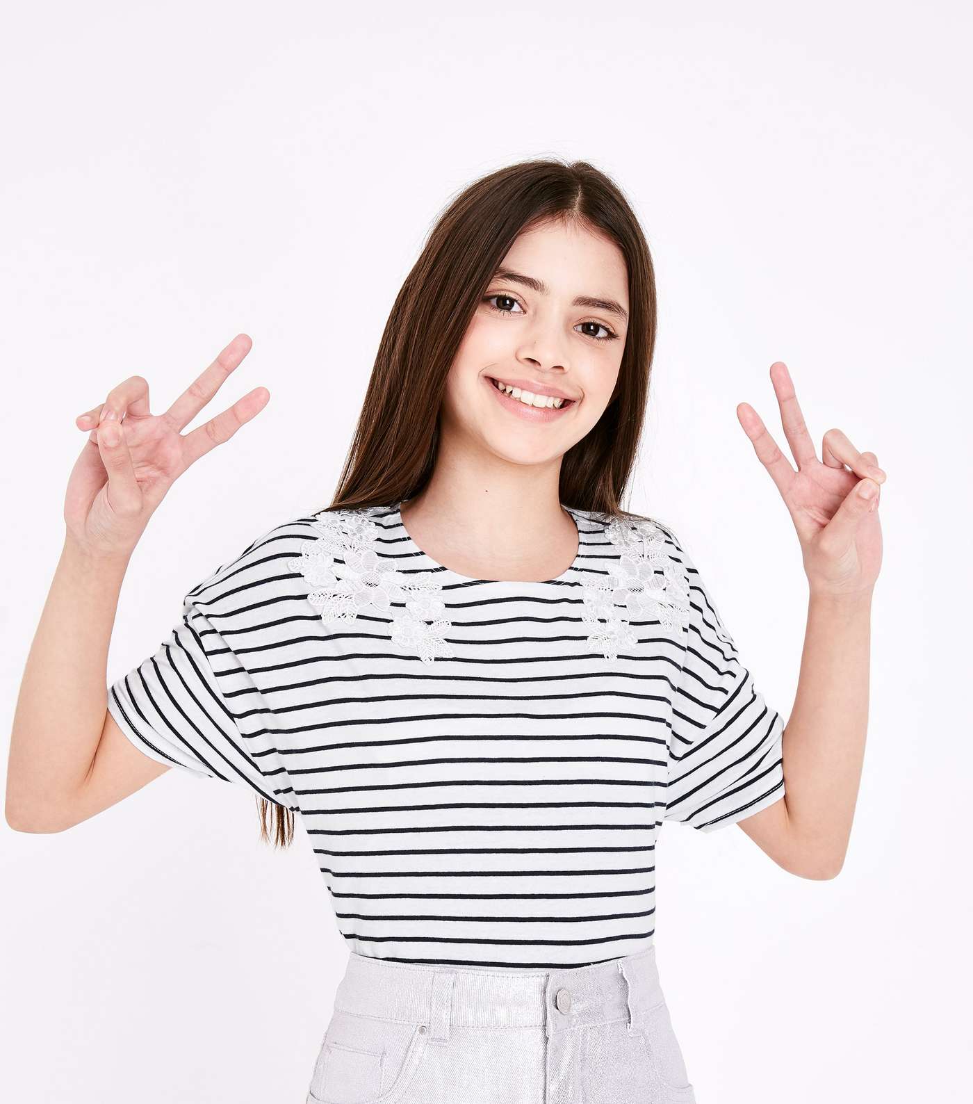 Teens Navy Contrast Stripe Floral Appliqué T-Shirt