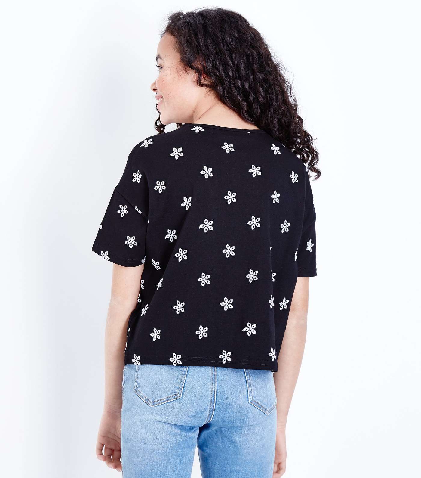 Girls Black Floral Embroidered T-Shirt Image 3