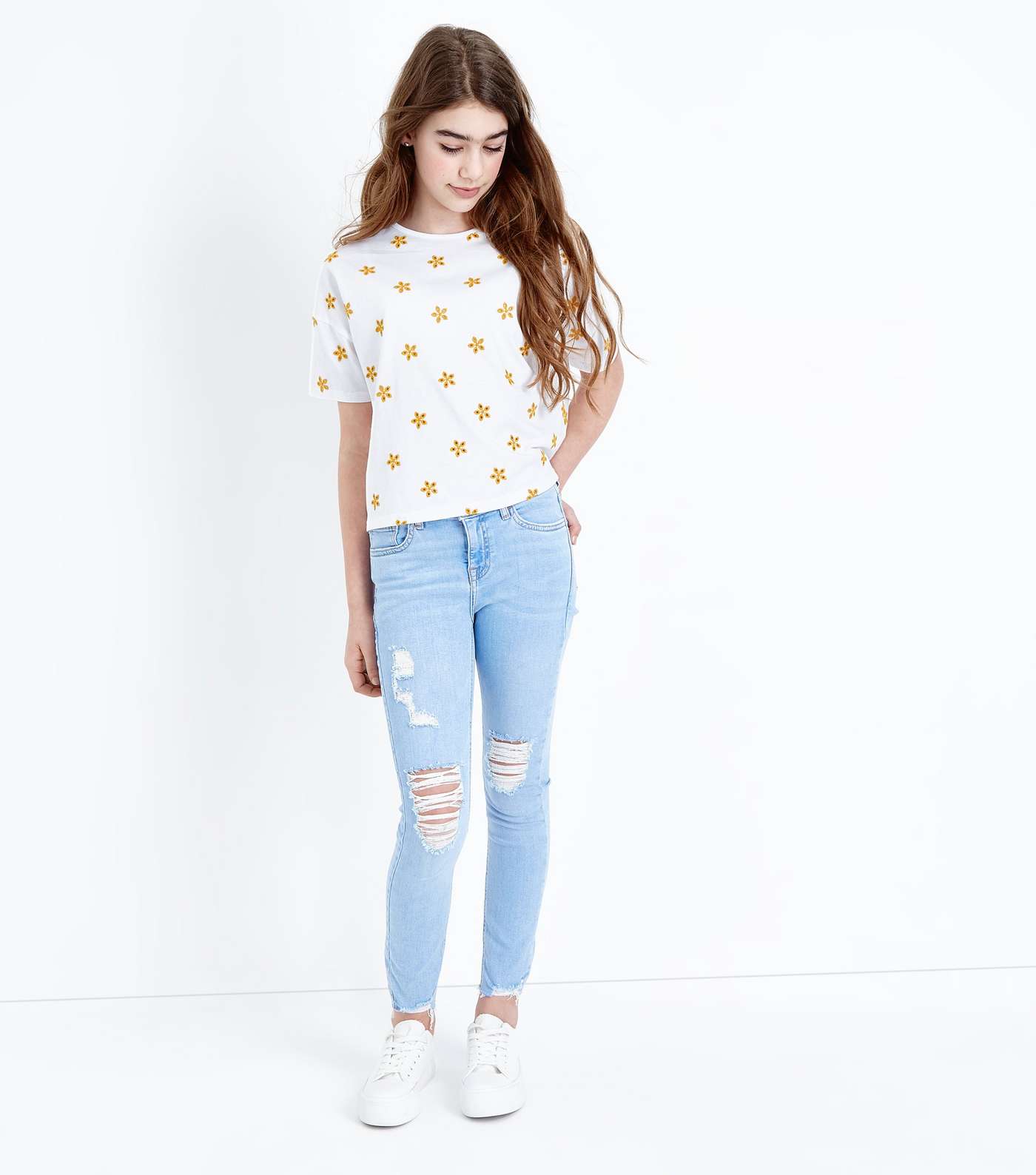 Girls White Floral Embroidered T-Shirt Image 2