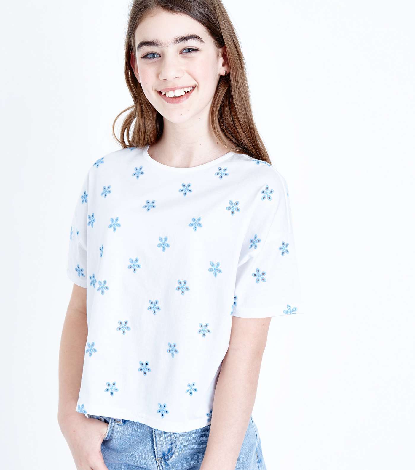 Teens Blue Floral Embroidered T-Shirt