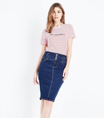 high waisted denim pencil skirt