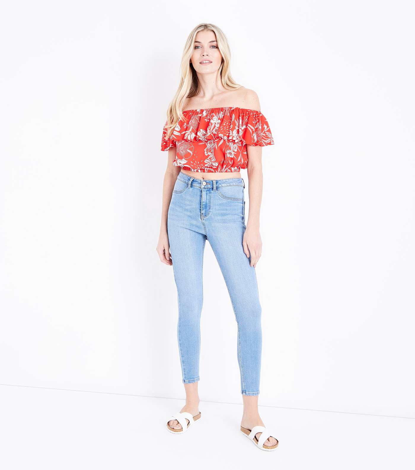 Red Floral Frill Bardot Crop Top Image 2
