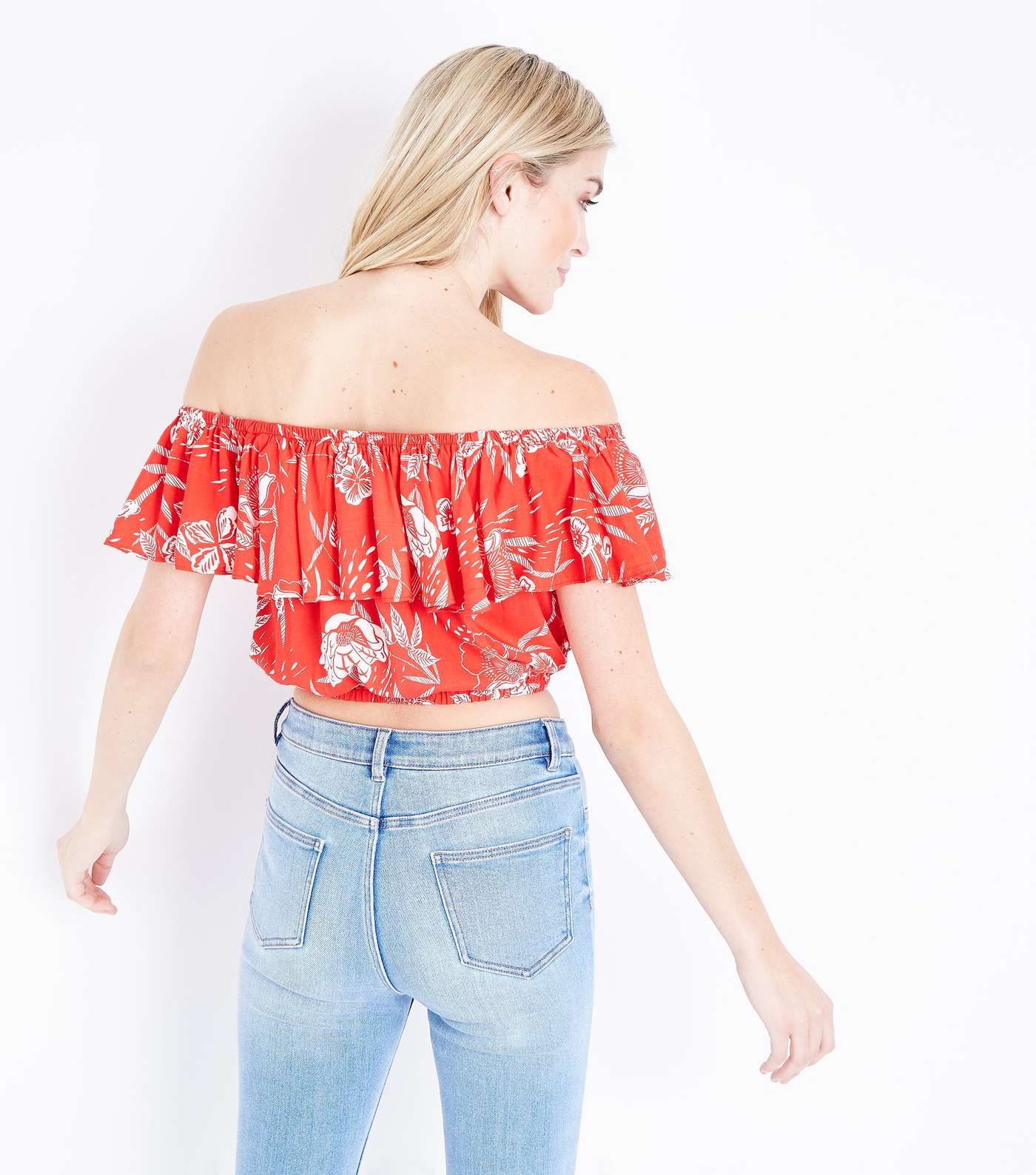 Red Floral Frill Bardot Crop Top Image 3