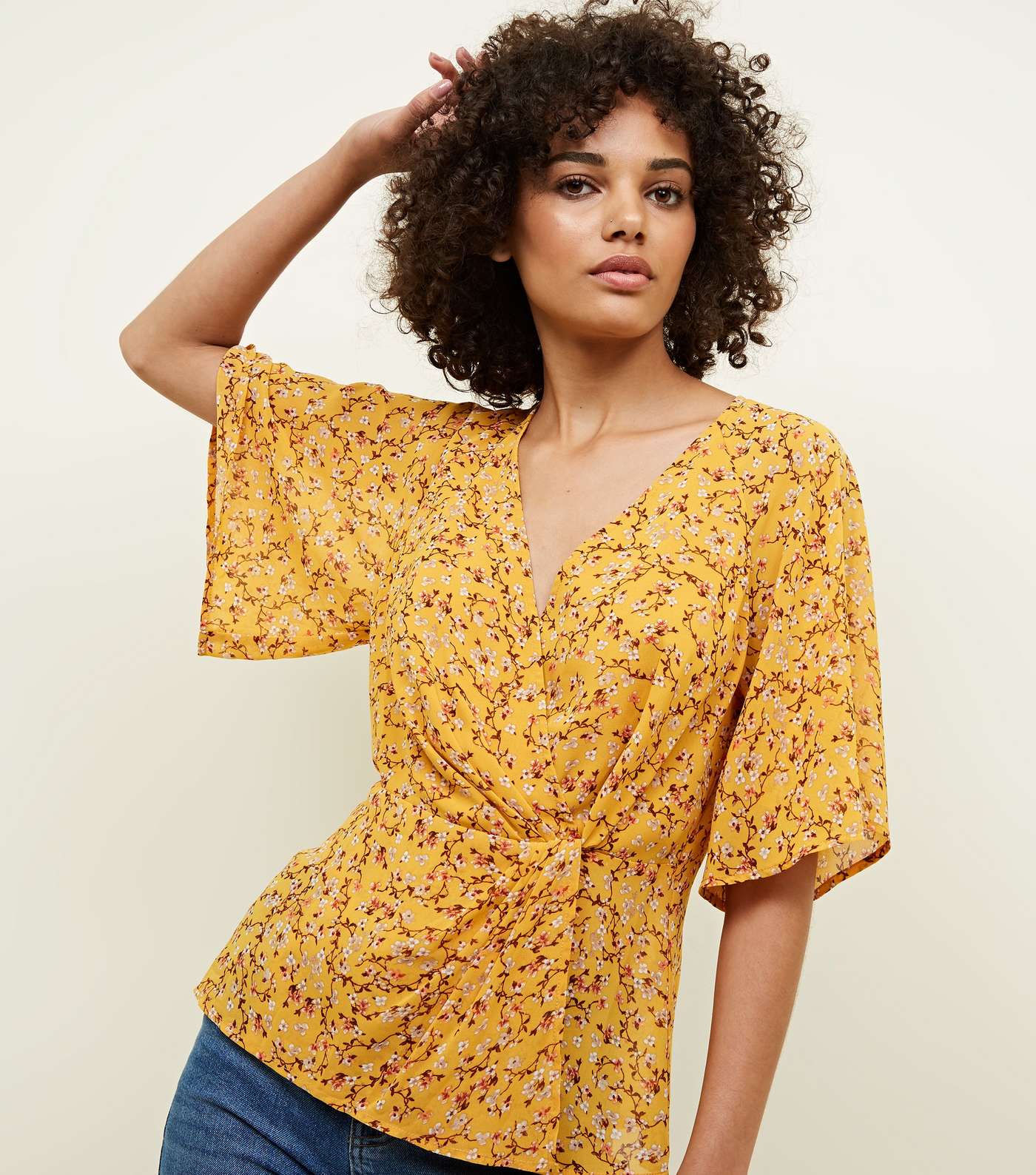 Yellow Floral Twist Wrap Front Top