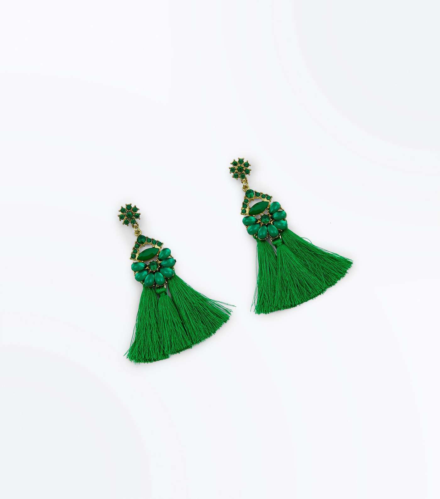 Green Gem Embellished Tassel Earrings