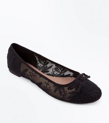 Black Sheer Lace Bow Ballet Pumps | New 
