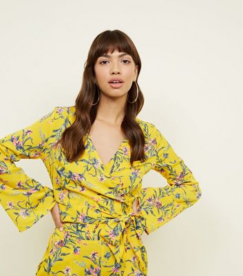 Image of Blue Vanilla Mustard Floral Print Wrap Top New Look