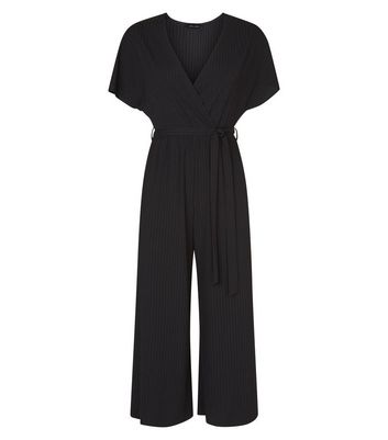 black ribbed wrap front culotte jumpsuit