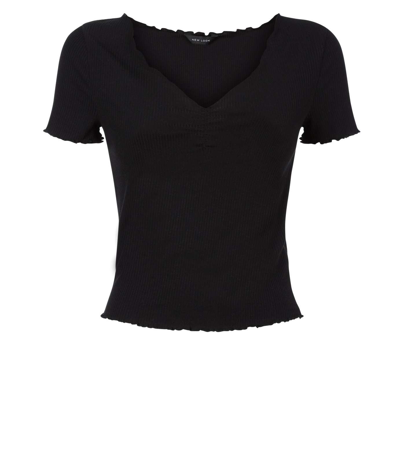 Black Ribbed Ruched Front Frill Edge T-Shirt Image 4
