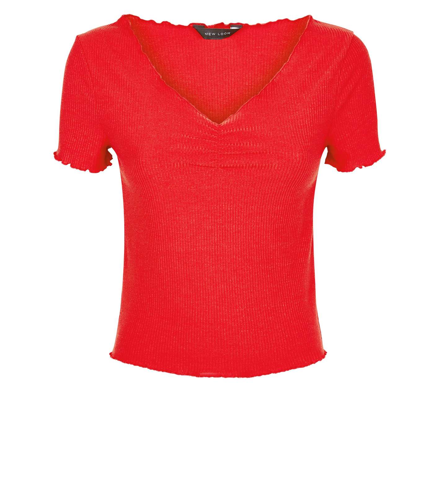 Red Ribbed Ruched Front Frill Edge T-Shirt Image 4
