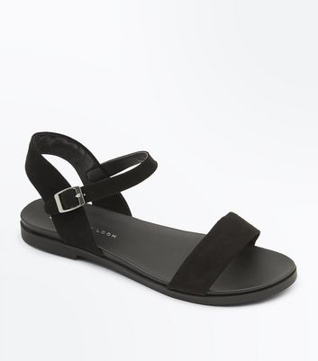 Wide Fit Black Suedette Flat Sandals 