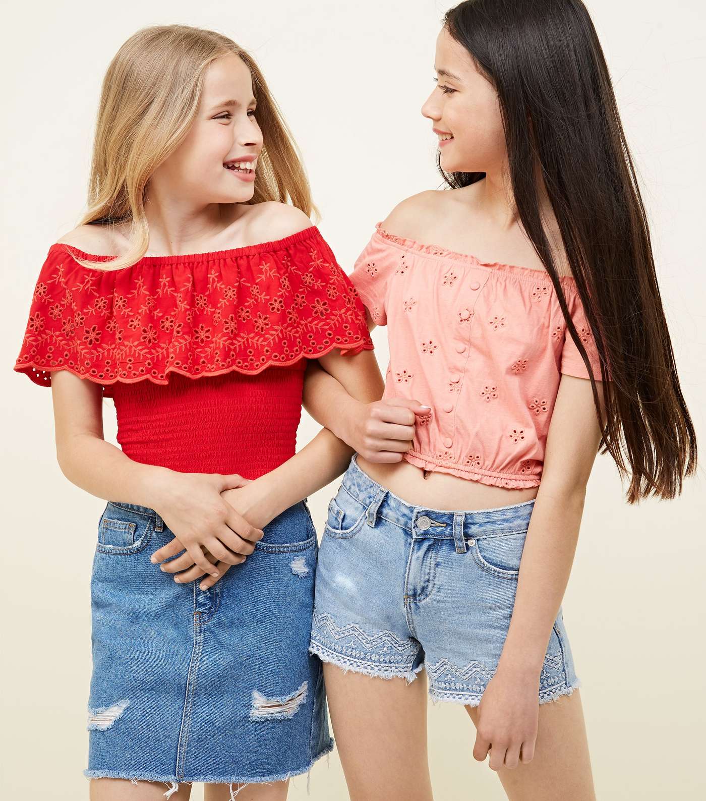Girls Red Floral Cut Out Shirred Bardot Top Image 6