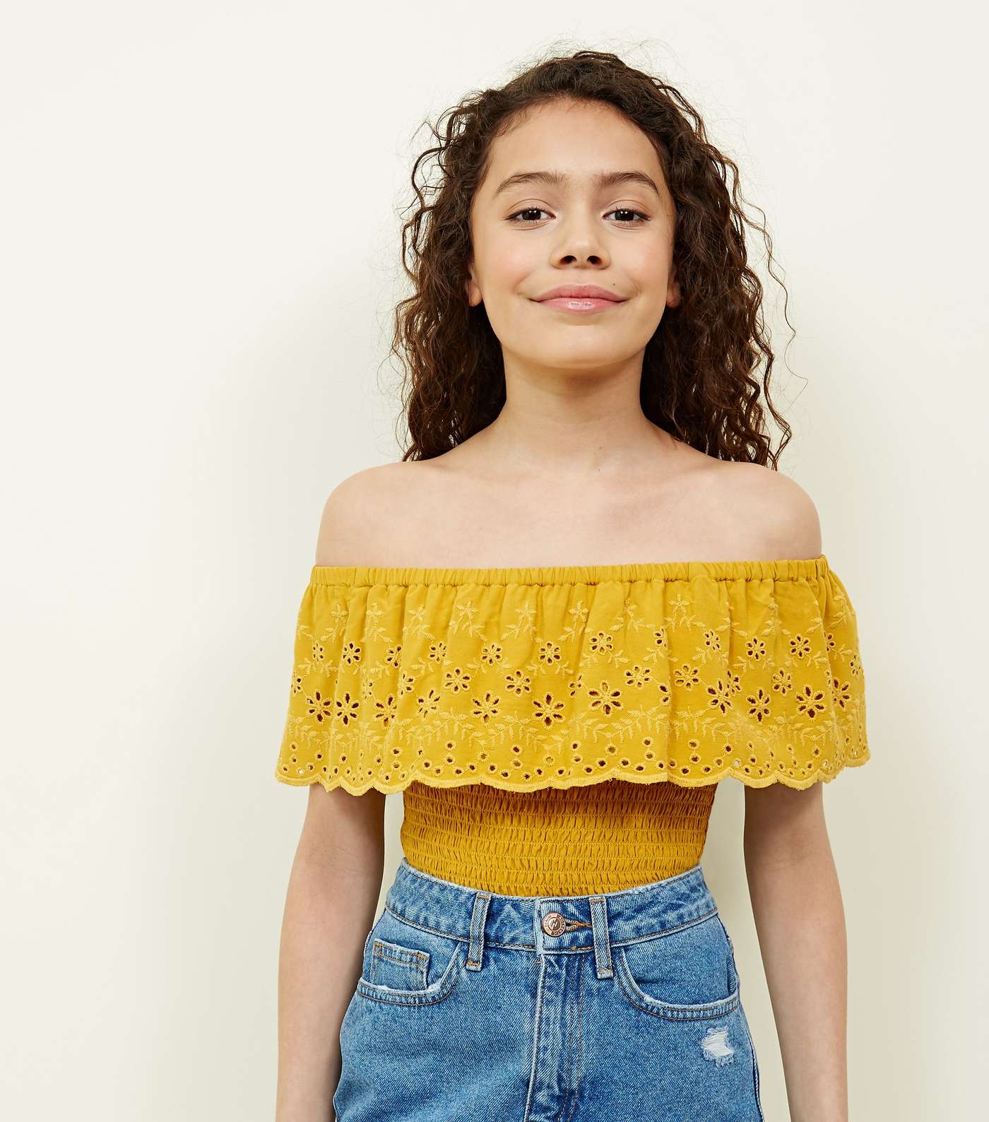Teens Mustard Floral Cut Out Shirred Bardot Top