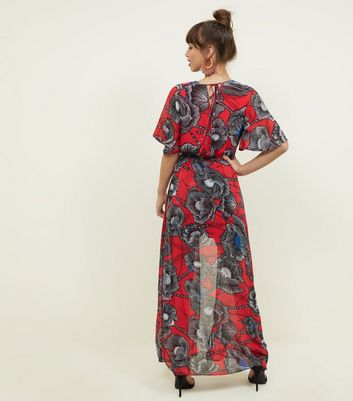 Red Floral Chiffon Dip Hem Maxi 