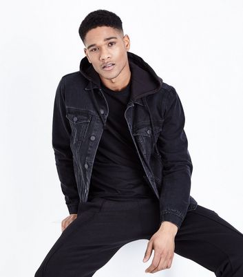 mens hooded denim jacket black