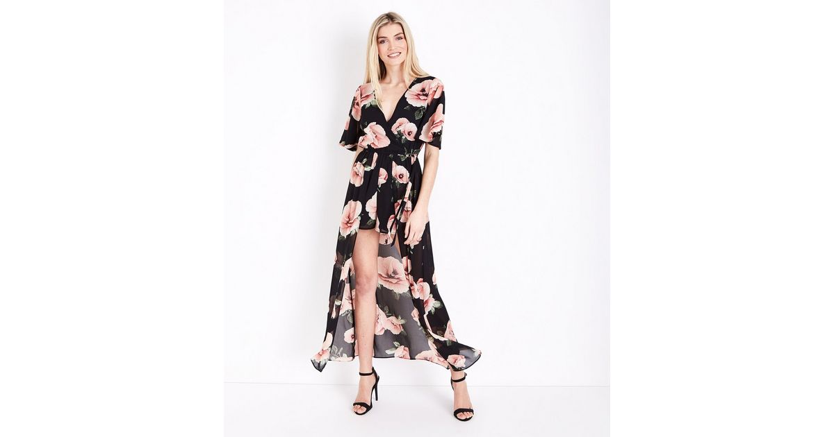 Black Floral Dip Hem Maxi Playsuit | New Look