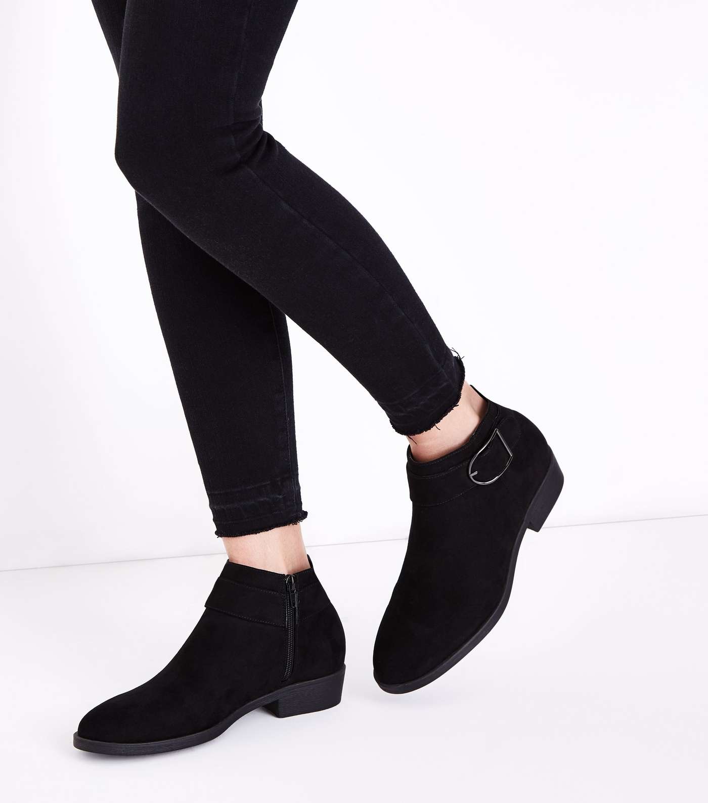 Black Suedette Buckle Strap Side Ankle Boots Image 2