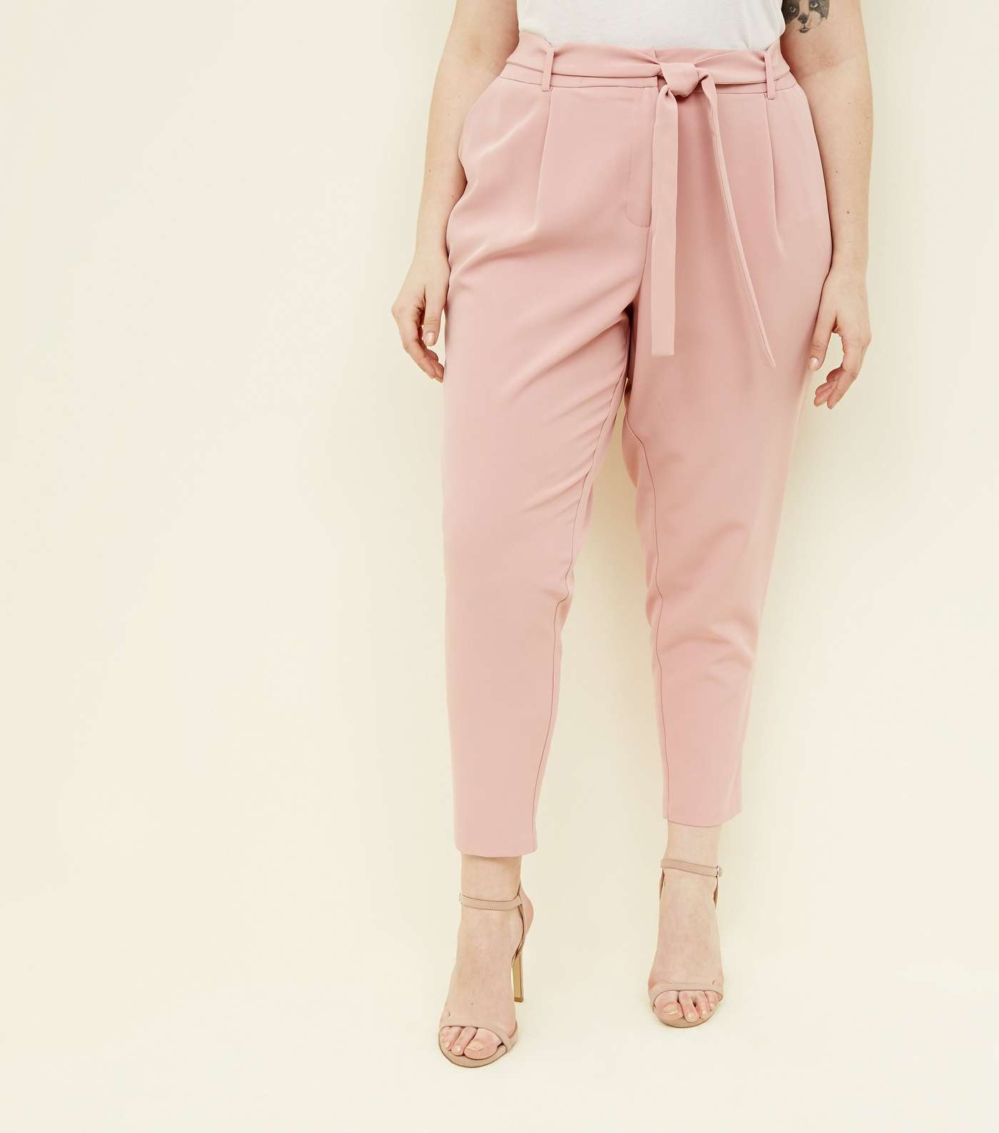 Curves Pink Tie Waist Tapered Trousers Image 2