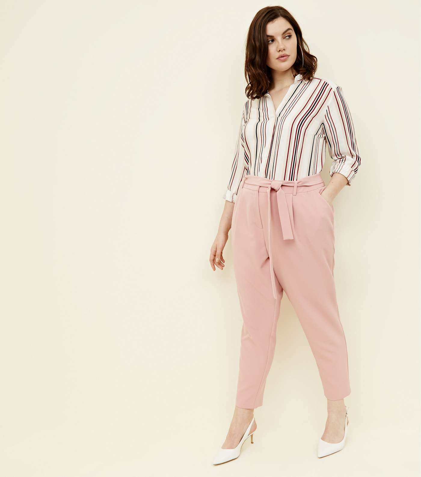 Curves Pink Tie Waist Tapered Trousers Image 6