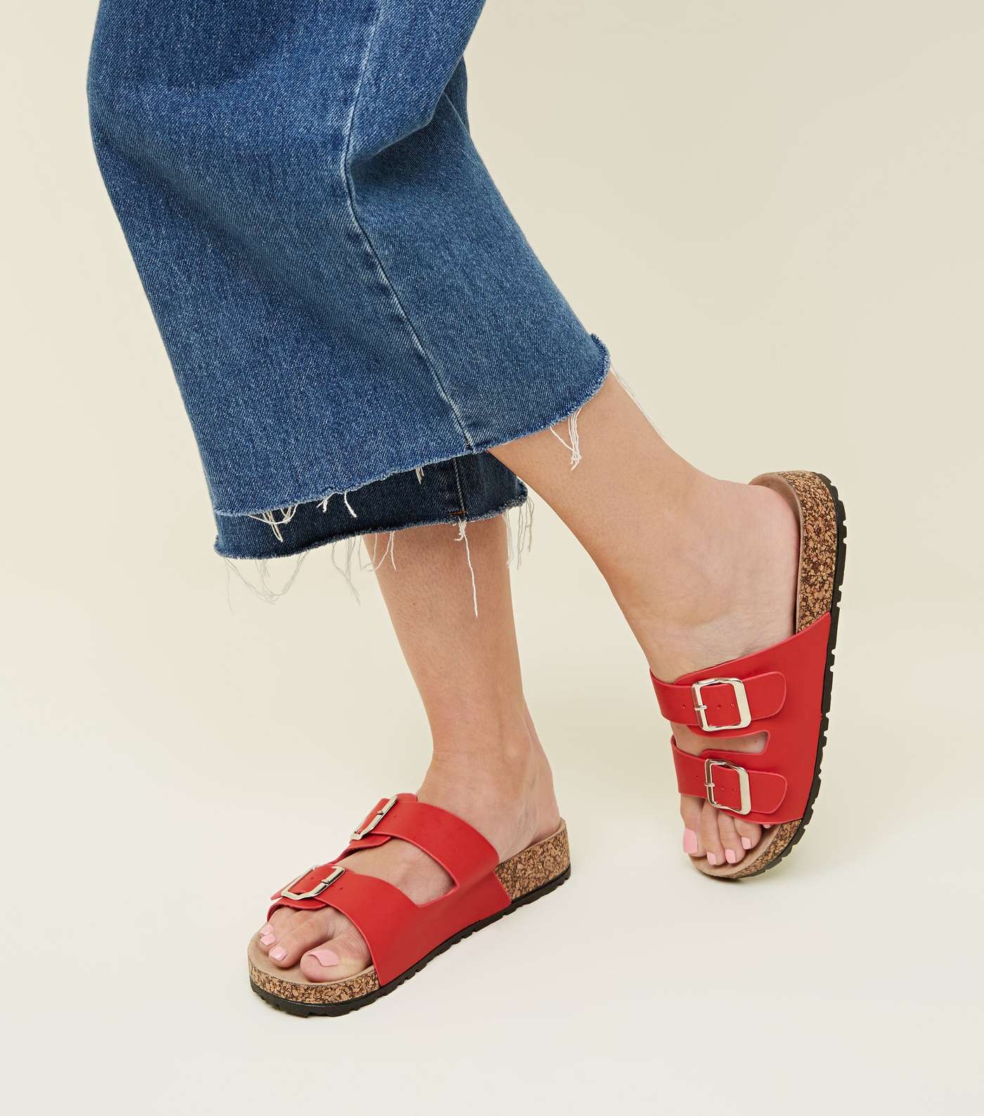 Red Double Buckle Strap Footbed Sandals Image 2