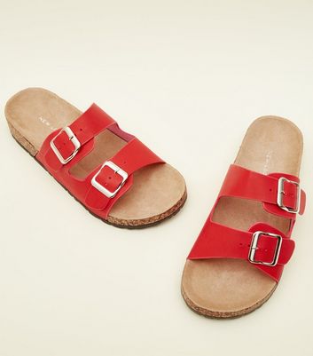 Red Double Buckle Strap Footbed Sandals New Look