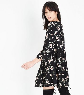 Black Floral Bell Sleeve Tiered Smock 