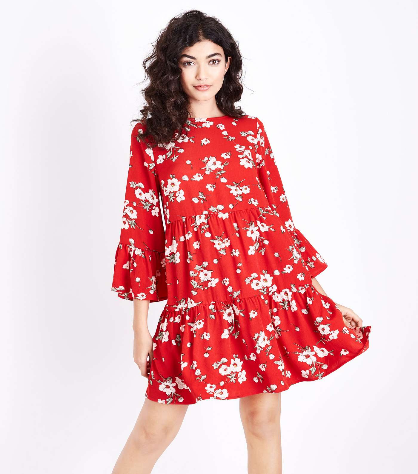 Red Floral Bell Sleeve Tiered Smock Dress