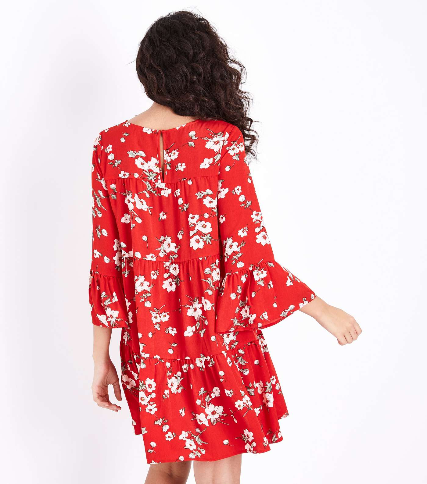 Red Floral Bell Sleeve Tiered Smock Dress Image 3