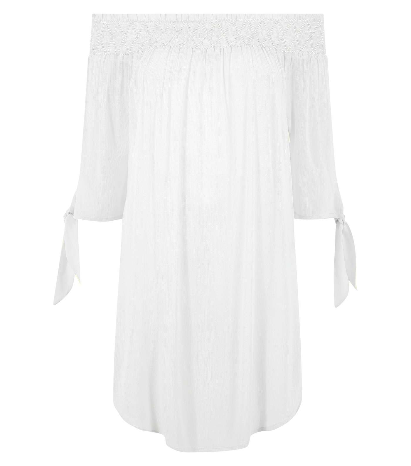 White Shirred Bardot Neck Beach Dress  Image 4