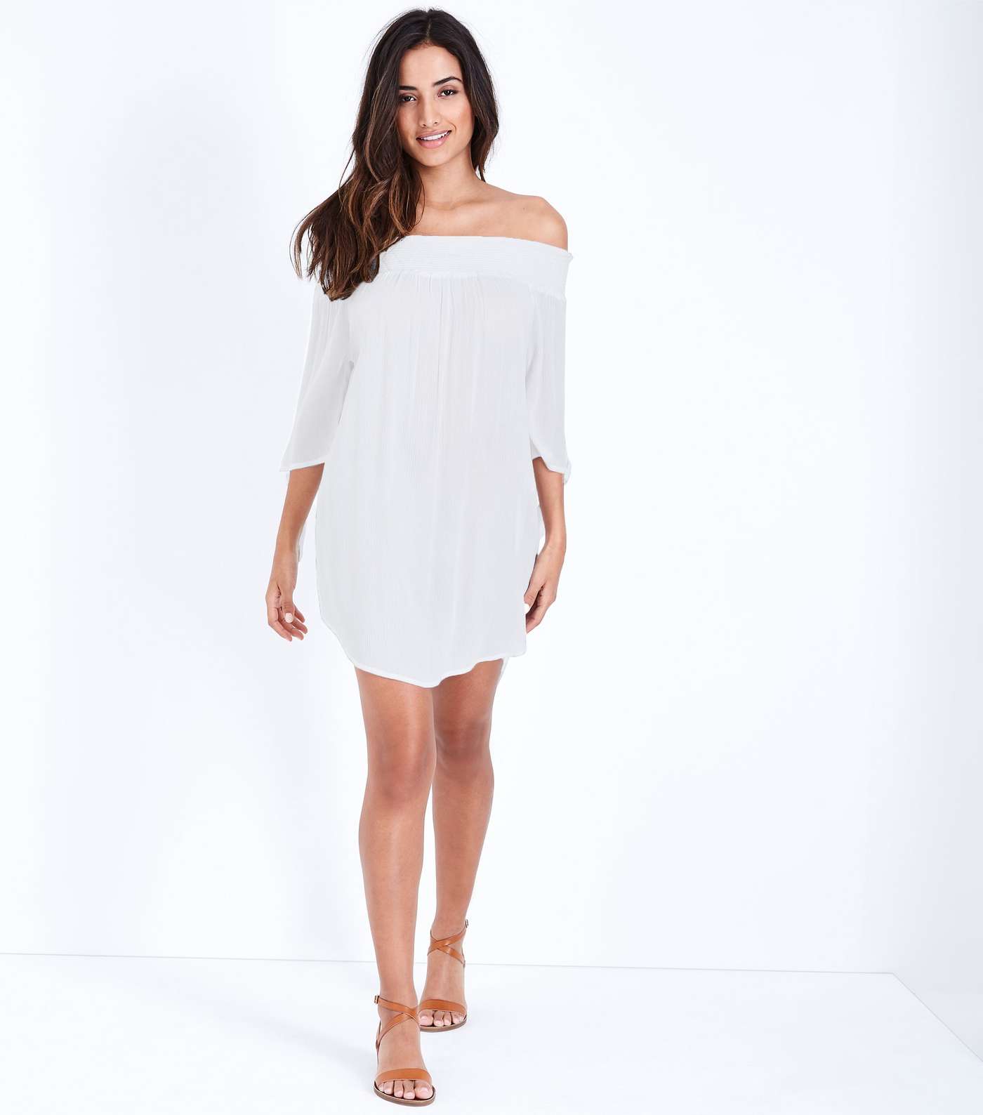 White Shirred Bardot Neck Beach Dress  Image 2