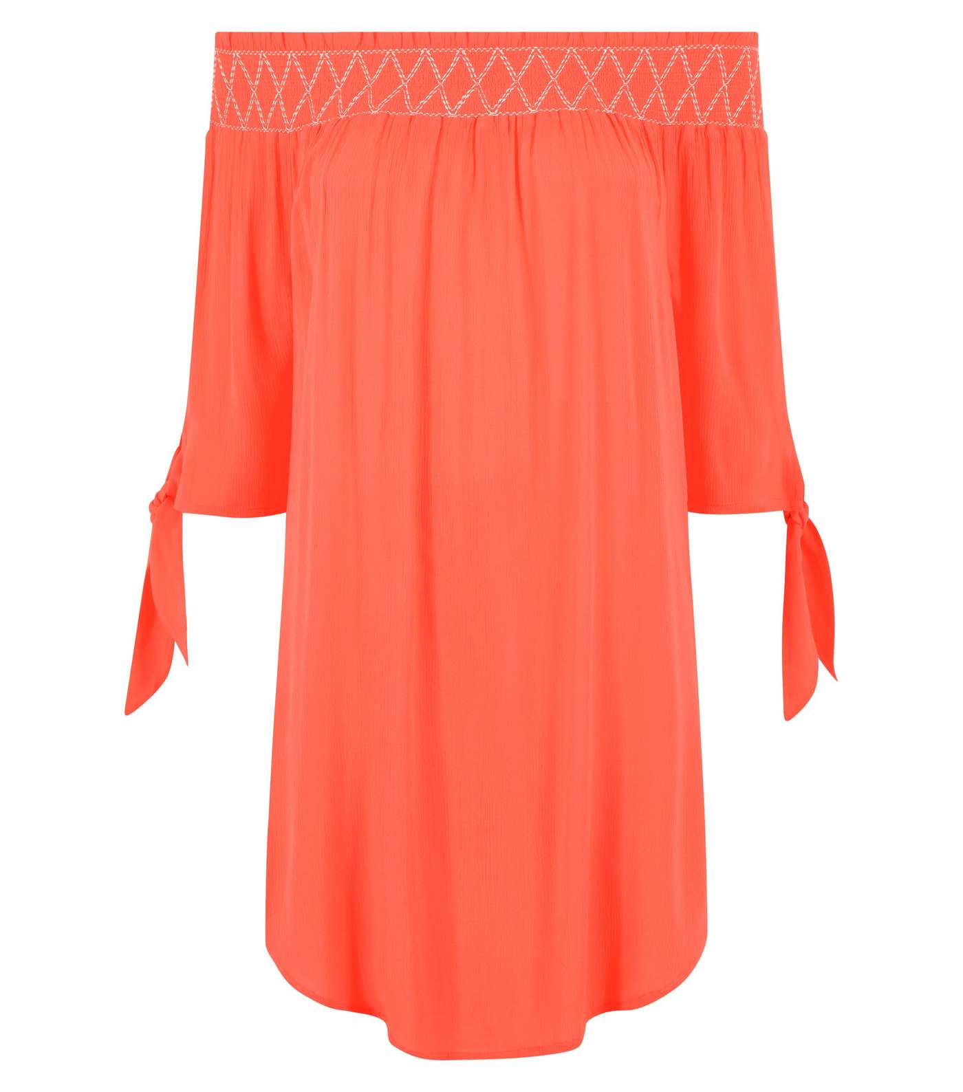 Coral Neon Shirred Bardot Neck Beach Dress  Image 4