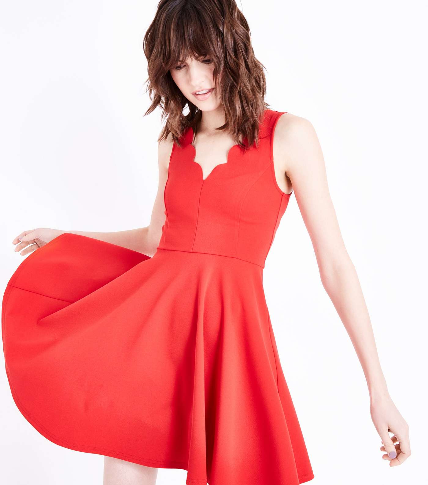 Red Scallop V Neck Sleeveless Skater Dress