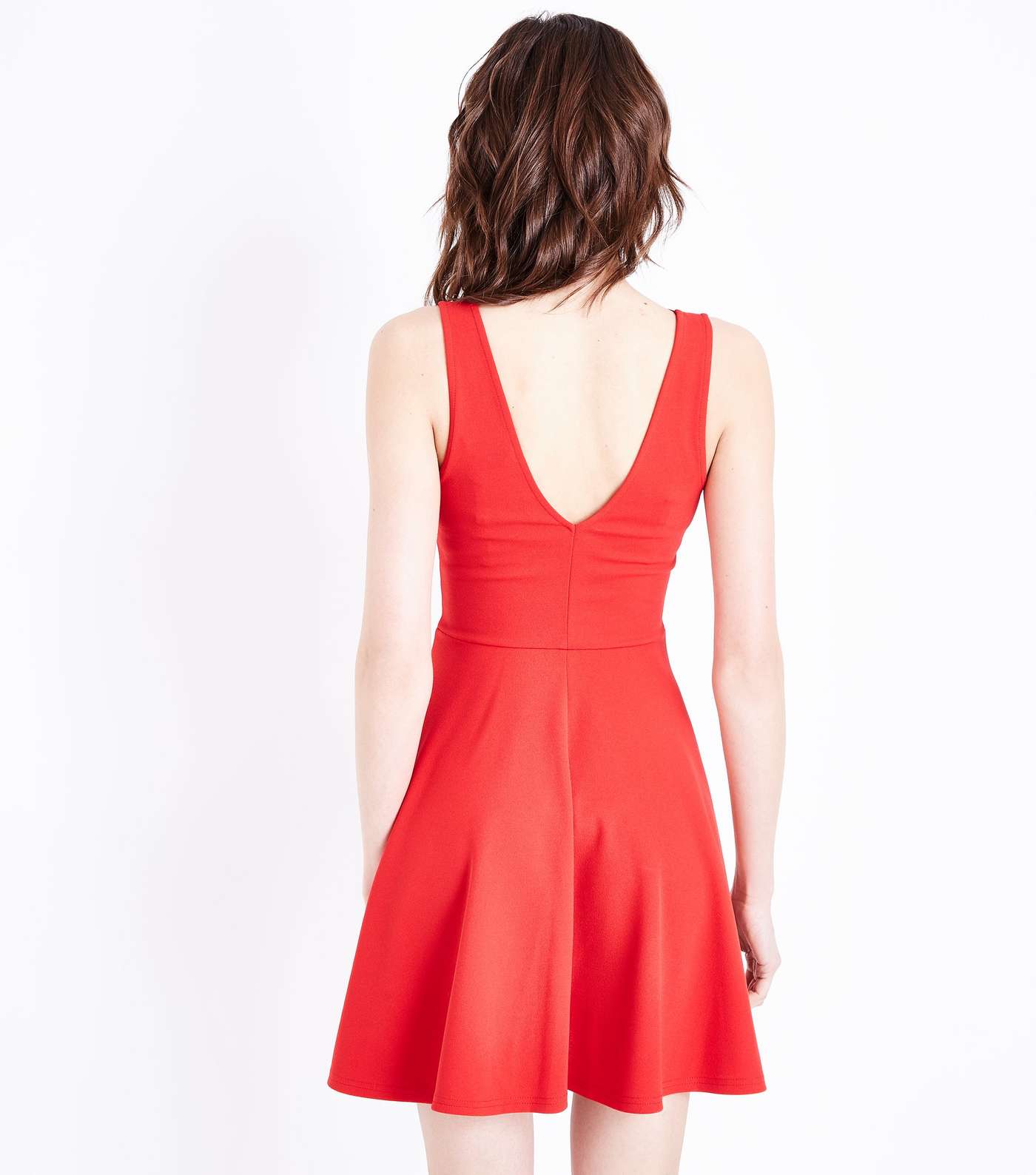 Red Scallop V Neck Sleeveless Skater Dress Image 3
