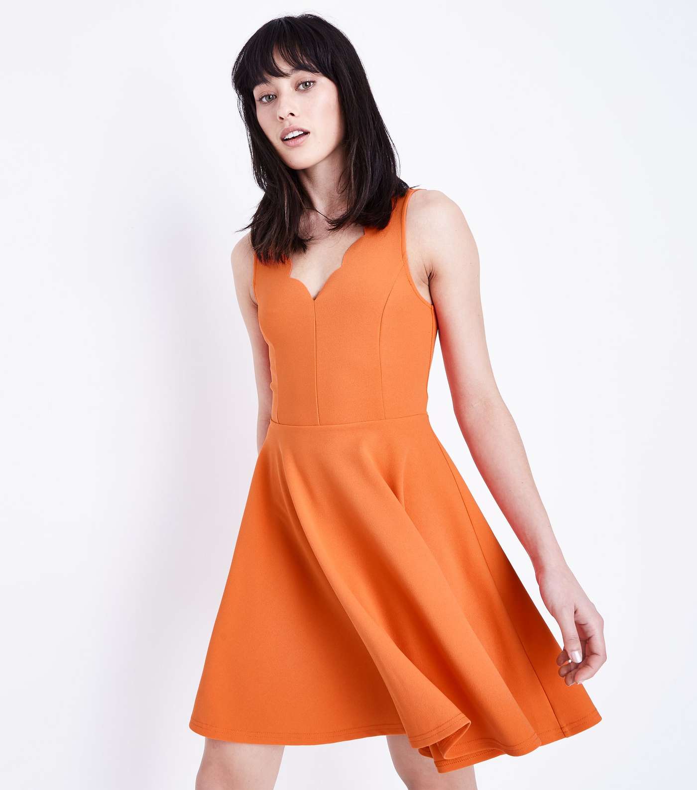 Orange Scallop V Neck Sleeveless Skater Dress