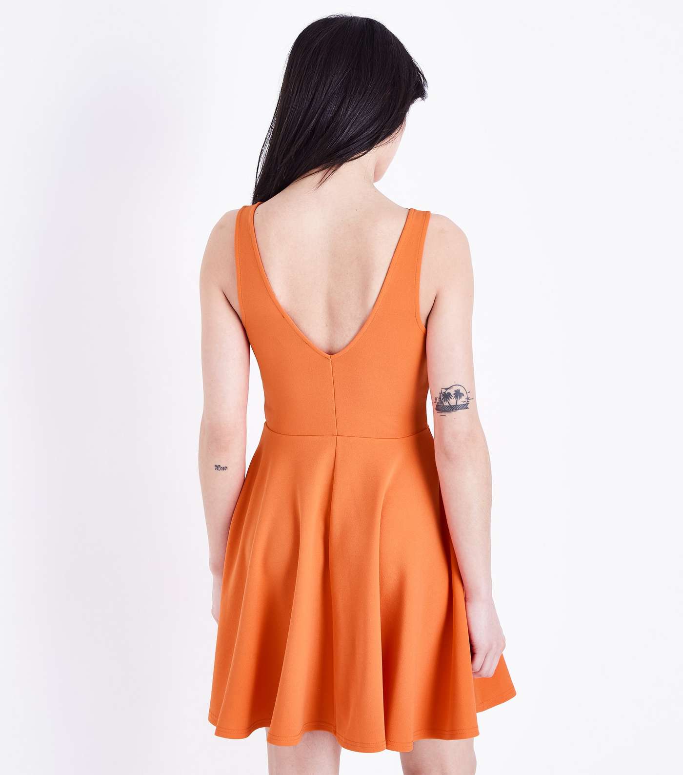 Orange Scallop V Neck Sleeveless Skater Dress Image 3