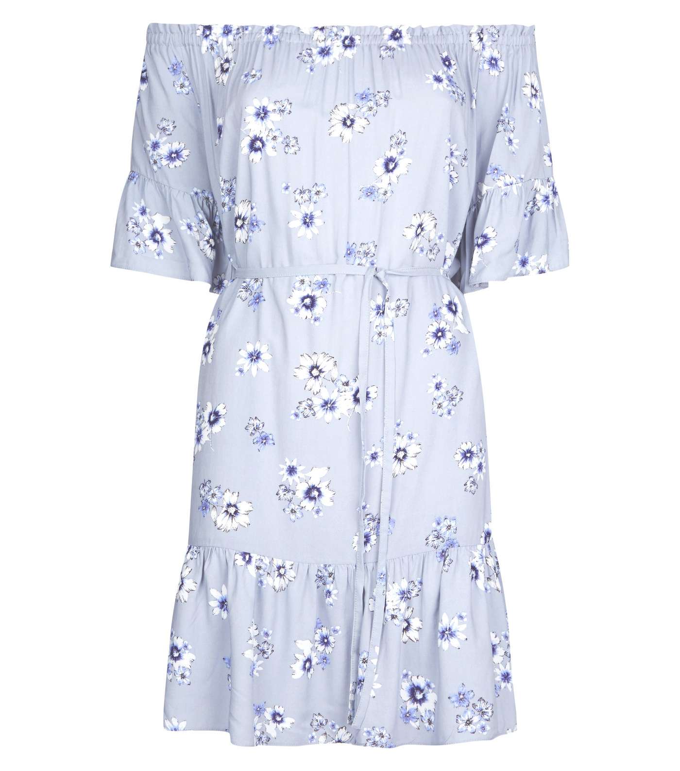 Blue Floral Tiered Bardot Dress Image 4