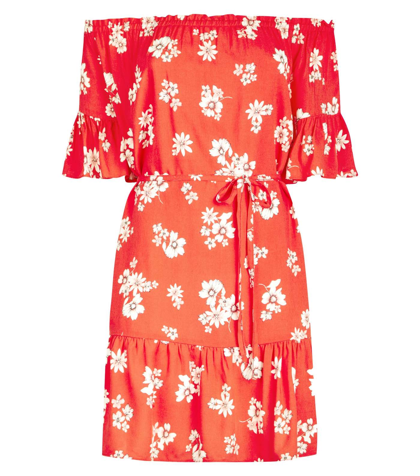 Red Floral Tiered Bardot Dress Image 4