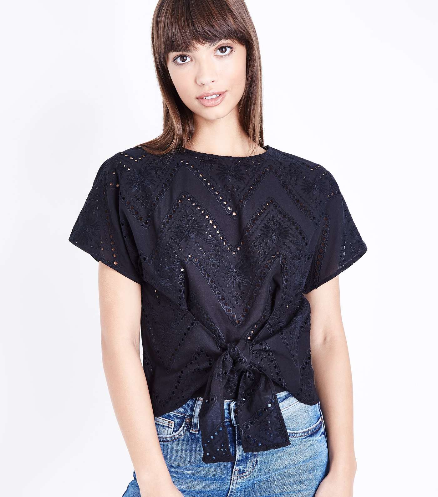 Black Embroidered Cut Out Tie Front T-Shirt