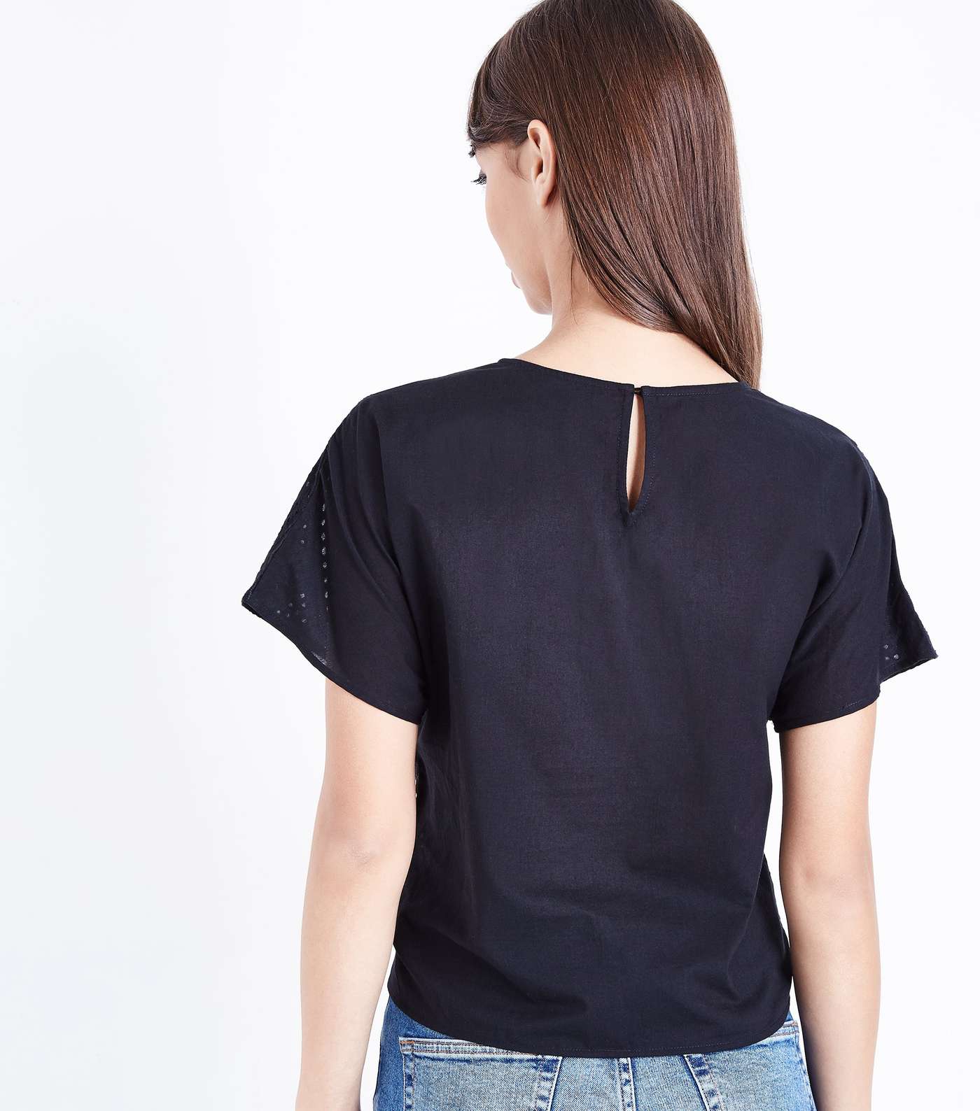 Black Embroidered Cut Out Tie Front T-Shirt Image 3