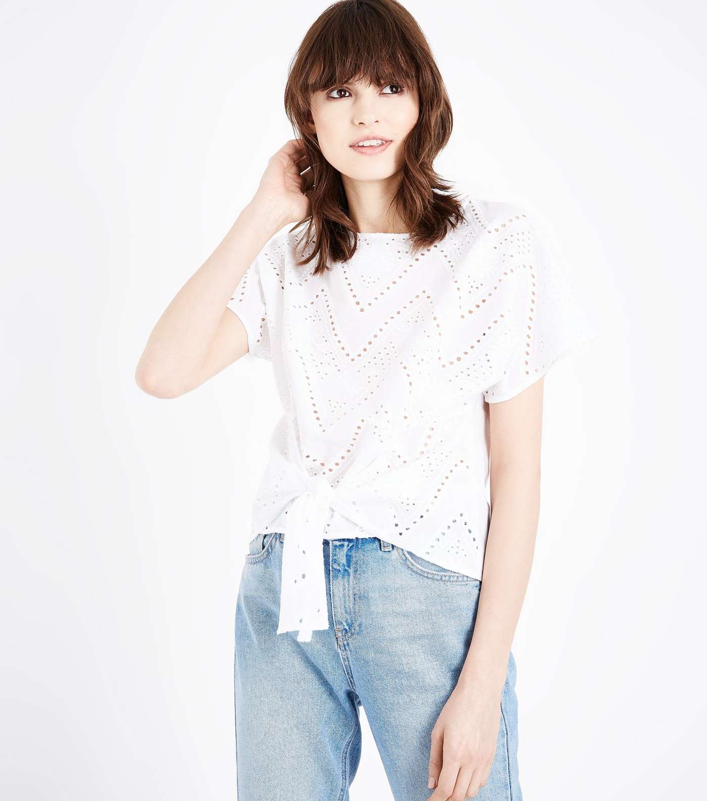White Embroidered Cut Out Tie Front T-Shirt