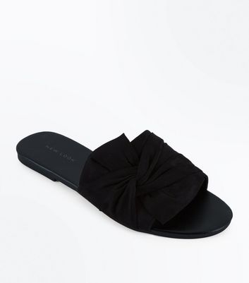 womens black bow sliders