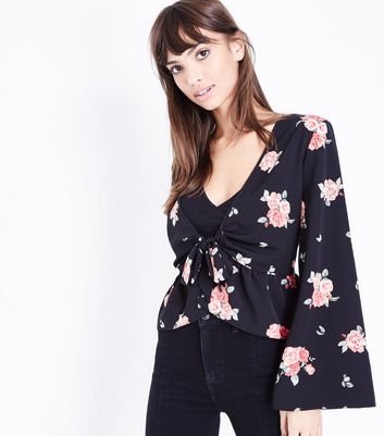 Black Floral Flared Sleeve Cover Up New Look