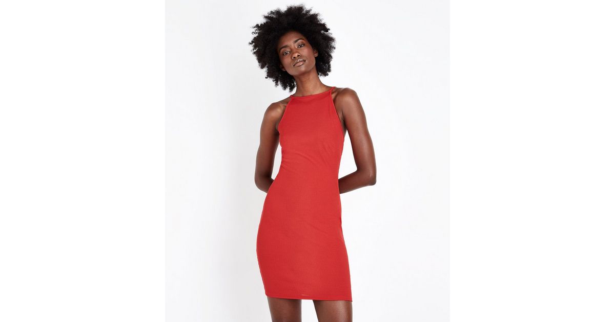 Red Ribbed Sleeveless Dress New Look
