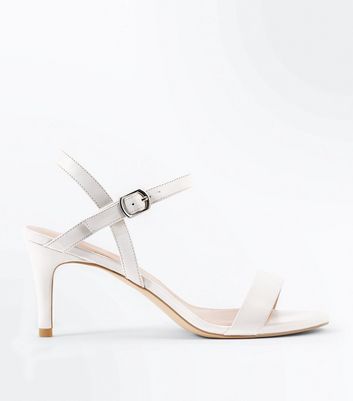 White Mid Heel Ankle Strap Sandals 